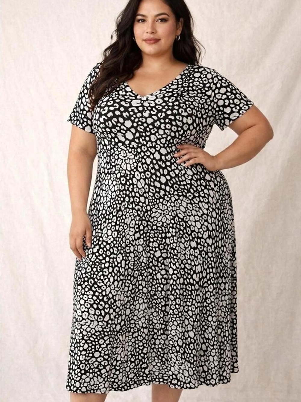 Rachel Zoe Black & White Animal Print V-Neck Midi Dress – Size 2X